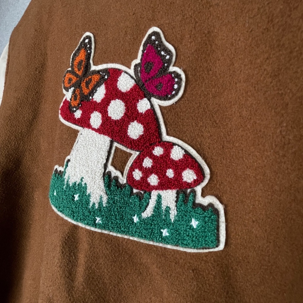 Mushroom Varsity Jacket Women Large Brown Butterfly Cottage Psychedelic Ashley - Picture 5 of 12